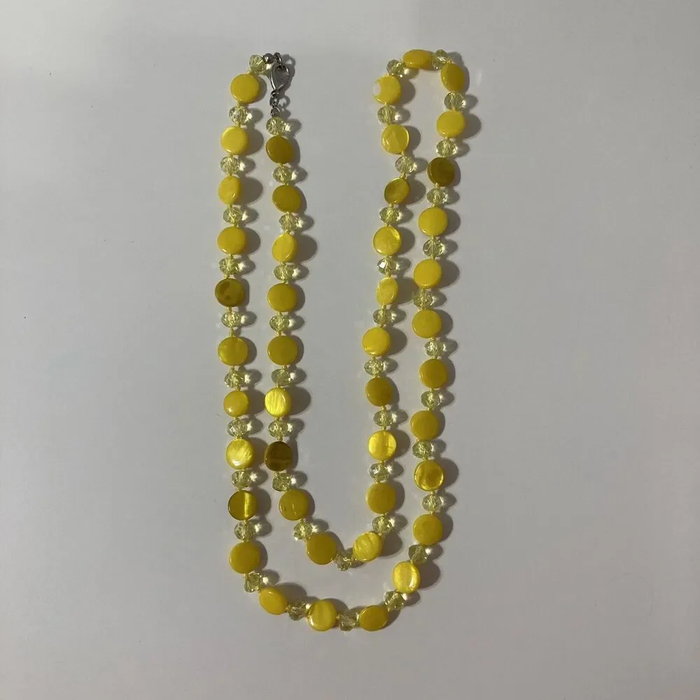 Long Yellow Round Disc Transparent Beaded Cord Necklace Bohemian Lobster Clasp
